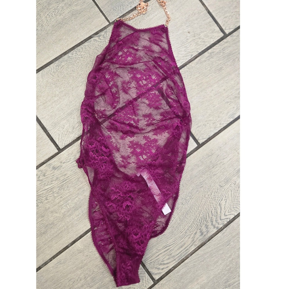 Savage X Fenty Magenta Floral Lace Chain Halter Teddy Bodysuit L Purple Lingerie